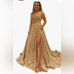 Wedding Dress Gold Sequin One Shoulder Maxi Gown Dress Size 0